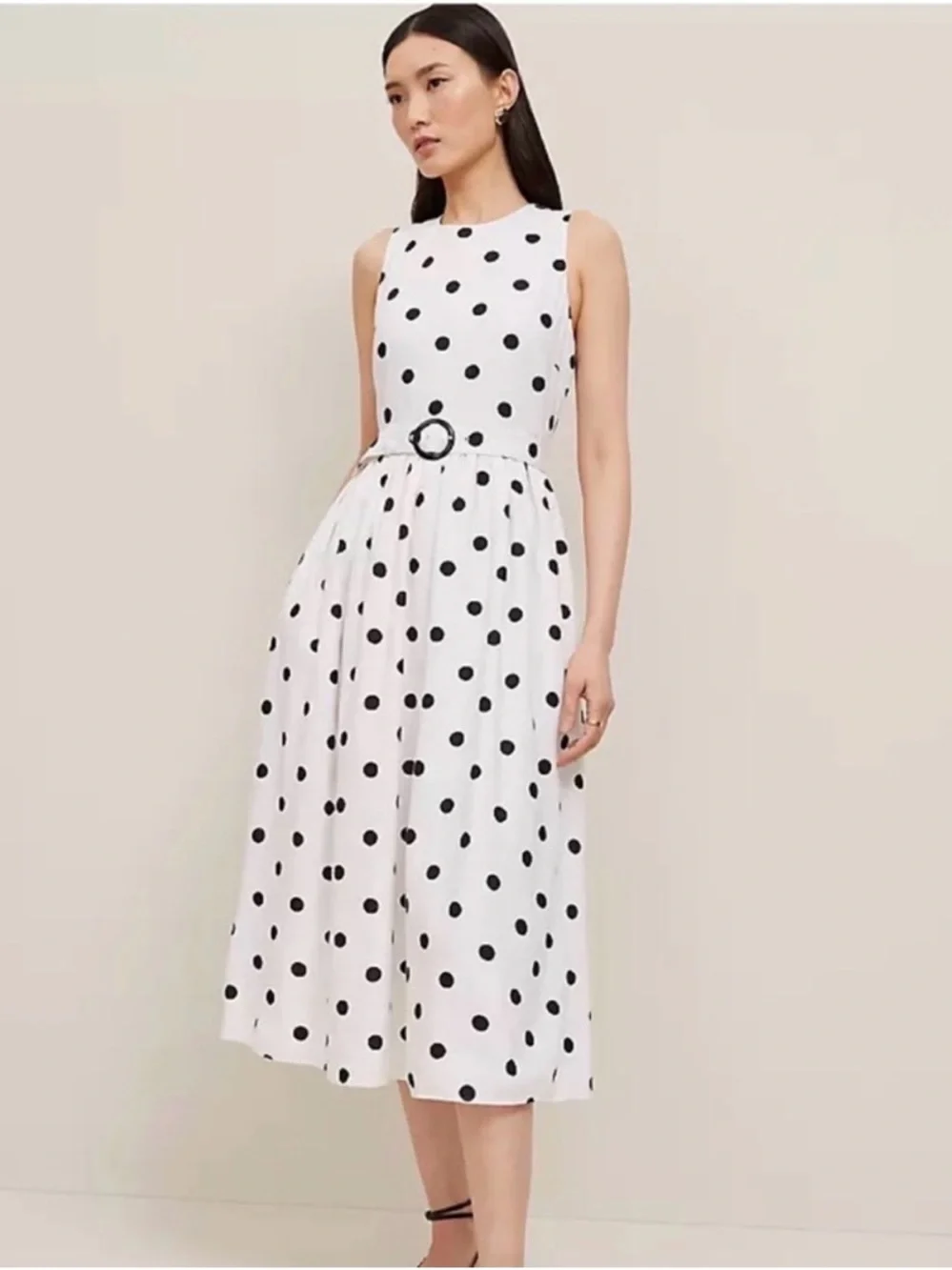 Ann Taylor White Linen Midi Dress with Black Polka Dots and Belt - Picture 1 of 5